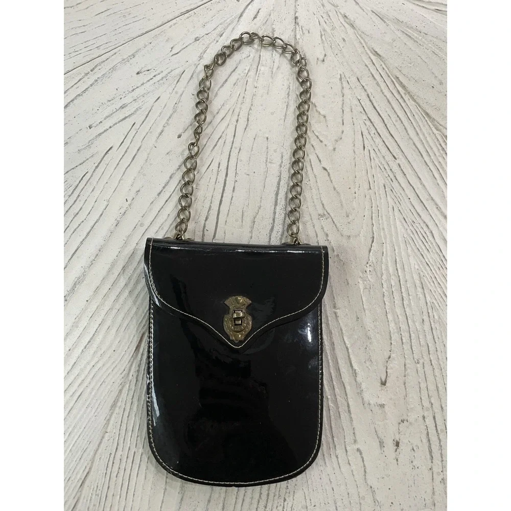 Vtg 1970s Retro Hippie Black Patent Leather Chain‎ Handle Hand Bag Small Purse